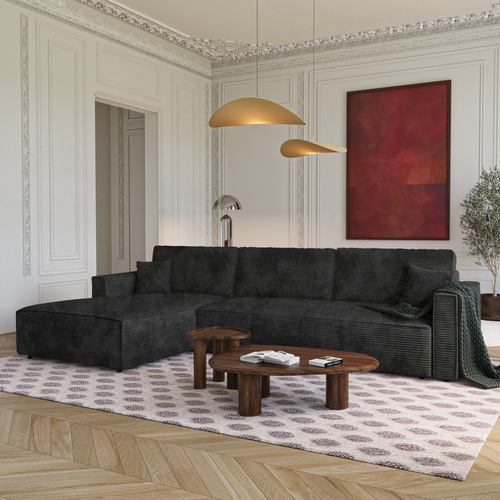 Premium Interiors - Linkshoekbank met slaapfunctie en opbergruimte  - corduroy zwart 297cm