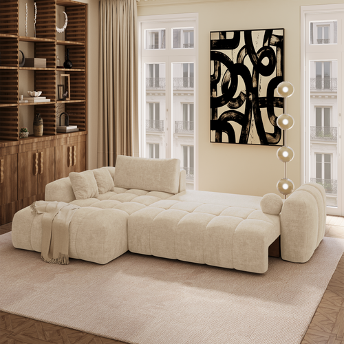 Premium Interiors - Linkshoekbank met slaapfunctie en opbergruimte SKY - kruisbinding  beige 310cm