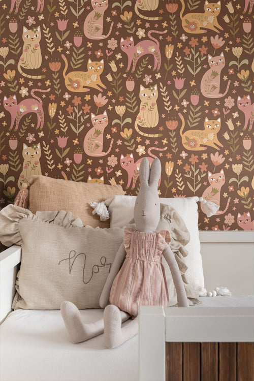 ESTAhome behang katjes bruin en roze - 50 x 900 cm - 132181