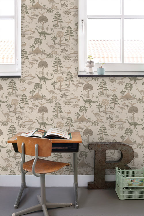 ESTAhome behang dinosaurussen lichtbeige - 50 x 900 cm - 132175
