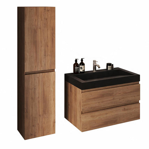 LOMAZOO badmeubelset Azuro - met kolomkast & zwarte wastafel - warm eiken - 80 cm