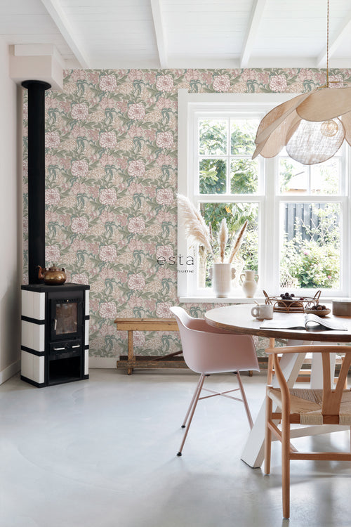 ESTAhome behang vintage bloemen oudroze en vergrijsd groen - 53 cm x 10.05 m - 139377