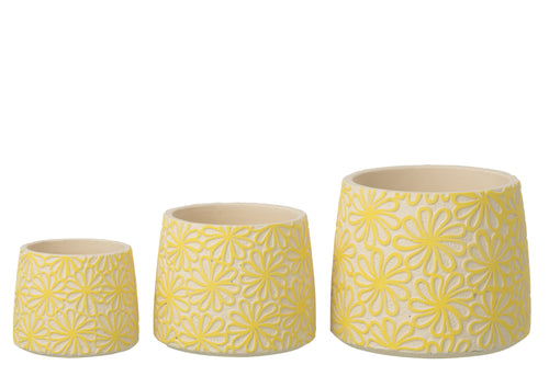 J-Line bloempot Rond Bloemen - cement - geel - large