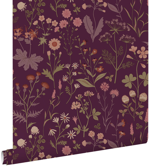 ESTAhome behang veldbloemen aubergine paars - 50 x 900 cm - 131637 - vtwonen shop