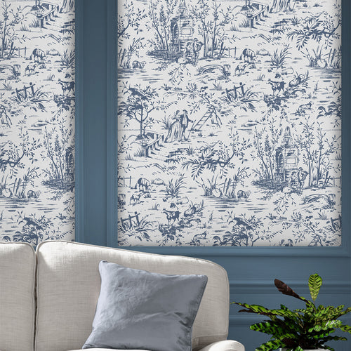 Laura Ashley Vliesbehang - Toile de Jouy Dark Seaspray - Blauw 10mx52cm - vtwonen shop