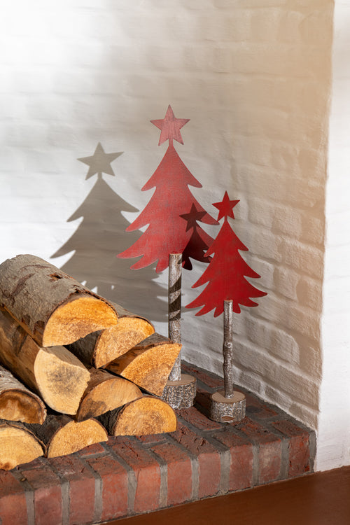 J-Line decoratie Kerstboom + Ster - ijzer/hout - rood - small