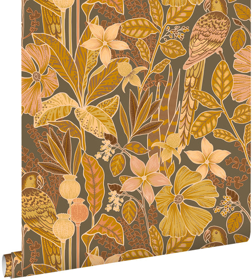 ESTAhome behang tropische bloemen en paradijsvogels terracotta bruin - 50 x 900 cm - 131159