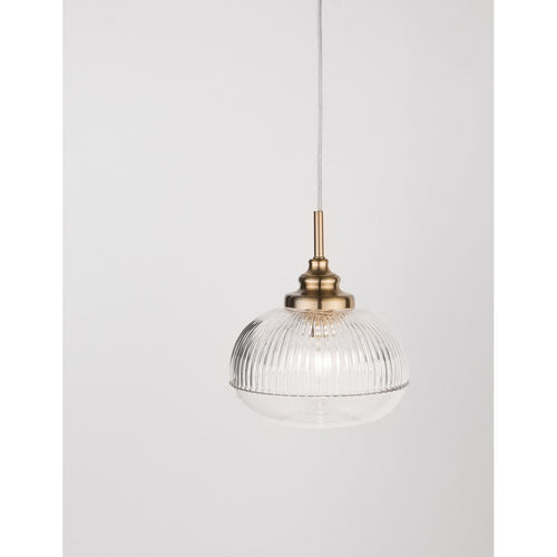 Merano Estevan 18 cm bol hangende plafondlamp satijn goud metaal helder glas LED E14