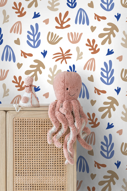 ESTAhome behang planten in Matisse stijl beige, terracotta en blauw - 50 x 900 cm - 131019 - vtwonen shop