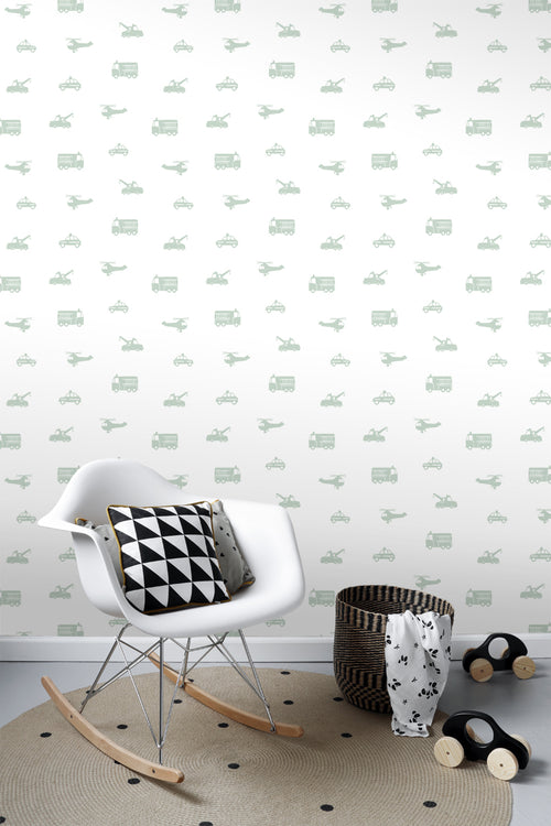 ESTAhome behang auto's, brandweerauto's, helikopters en kranen groen 53 cm x 10.05 m 128856