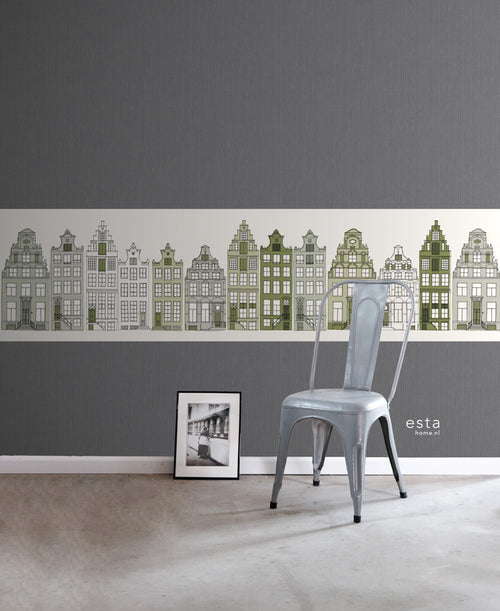 ESTAhome XXL behangrand Amsterdamse huizen legergroen - 430 x 50 cm - 157715