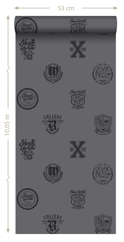 ESTAhome behang school emblemen donkergrijs - 53 cm x 10.05 m - 128806