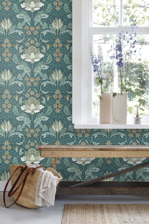 ESTAhome behang vintage bloemen in art nouveau stijl vergrijsd zeegroen - 50 x 900 cm - 131082 - vtwonen shop