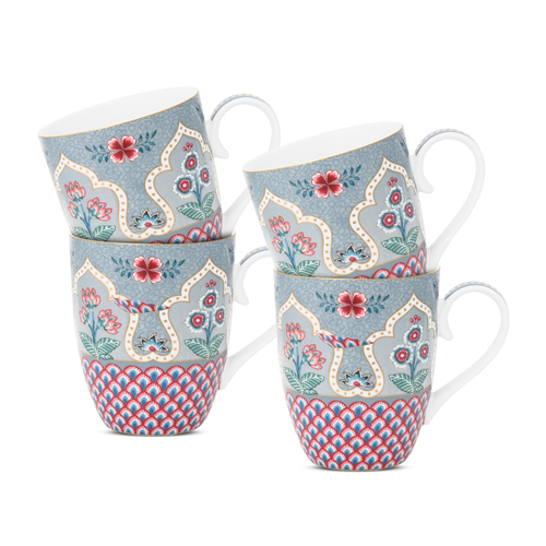 Pip Studio Flower Festival Scallop Mokken - Servies - Set van 4 Kopjes - Lichtblauw - 365ml - vtwonen shop