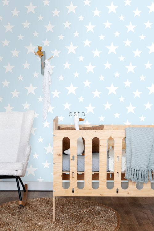 ESTAhome behang grote en kleine sterren lichtblauw en wit - 53 cm x 10.05 m - 138932