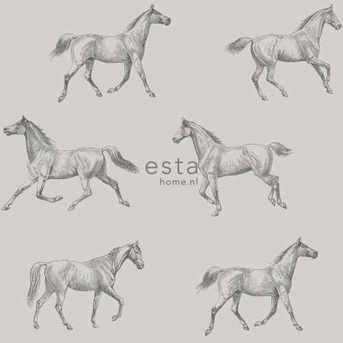 ESTAhome behang getekende paarden donker beige - 53 cm x 10.05 m - 128808