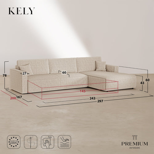 Premium Interiors - Rechthoekige hoekbank met slaapfunctie en opbergruimte  - stof met tweed-effect karamel 297cm