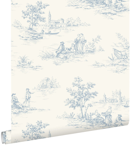 ESTAhome behang toile de jouy print lichtblauw en wit - 50 x 900 cm - 132109