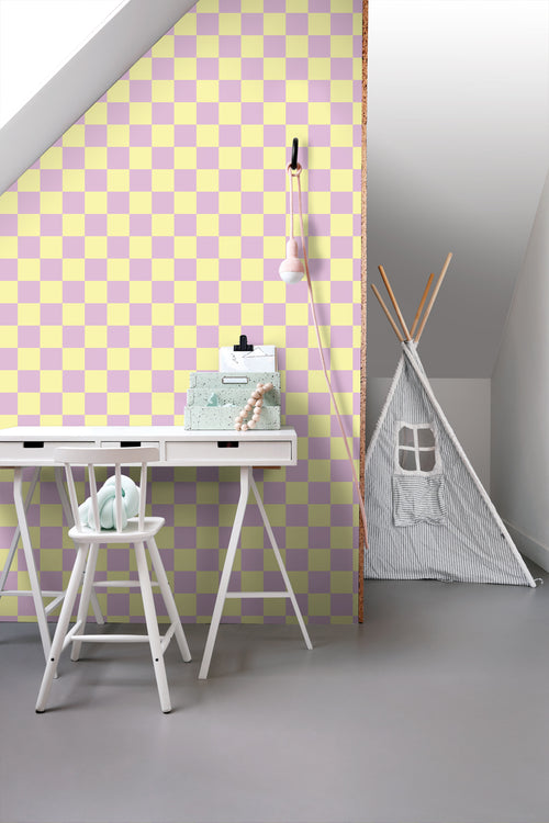 ESTAhome behang geblokt motief lila paars en geel - 53 cm x 10.05 m - 131134 - vtwonen shop