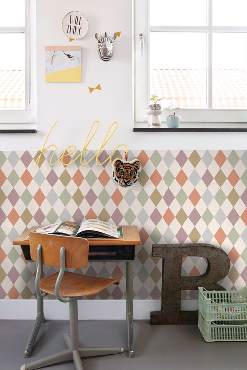 ESTAhome behang ruitjes beige, paars en terracotta - 50 x 900 cm - 131764