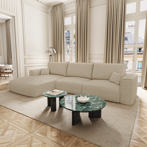 Premium Interiors - Linkshoekbank met slaapfunctie en opbergruimte COMO - bouclé-stof beige 297cm