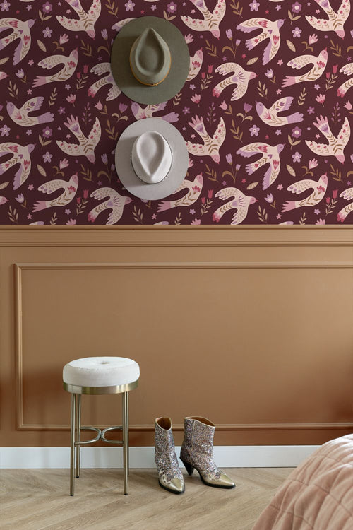 ESTAhome behang bloemen en vogels aubergine paars - 50 x 900 cm - 131759