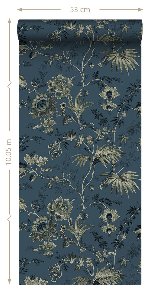 ESTAhome behang vintage bloemen donkerblauw en olijfgroen - 0,53 x 10,05 m - 139315 - vtwonen shop