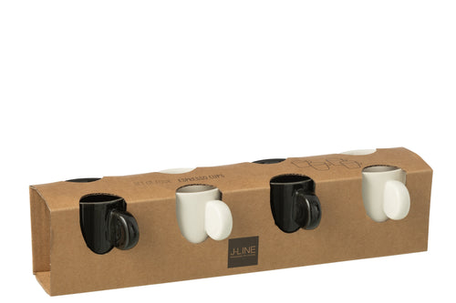J-Line koffietas Met Oor + Bamboubasis - keramiek - wit/zwart - doos van 4