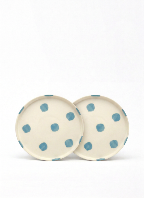 vtwonen -  Lunchbord - Stippen - Blauw - Set van 2 - Keramiek - 20cm