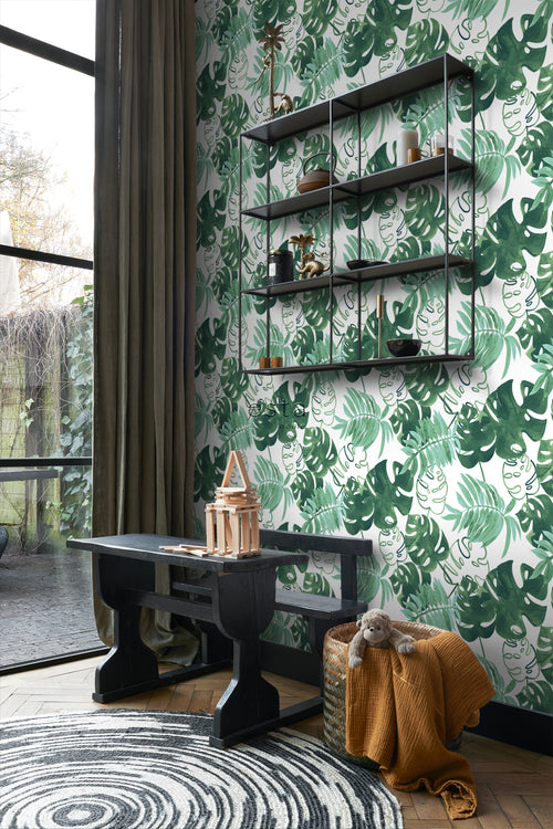 ESTAhome behang geschilderde tropische jungle bladeren smaragdgroen - 53 cm x 10.05 m - 138886