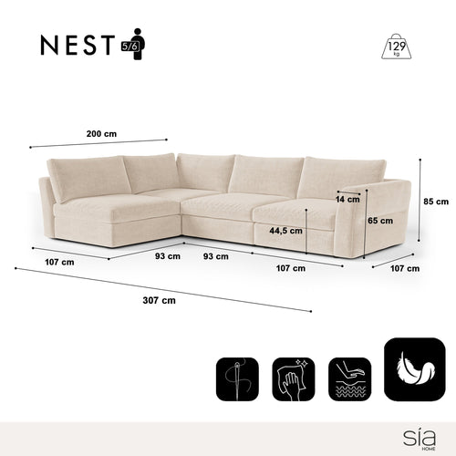 Sia Home - Modulaire hoekbanken links NEST - Zacht aanvoelende geweven stof - Beige - 307cm