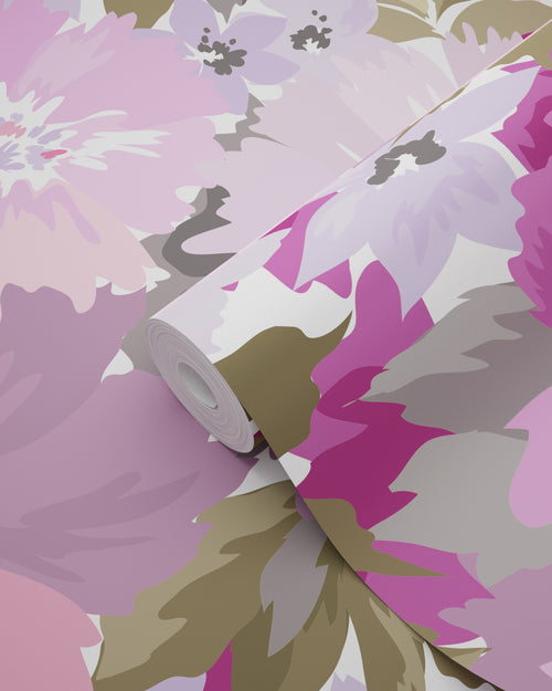 ESTAhome behang bloemen lila paars en olijfgroen - 50 x 900 cm - 131263 - vtwonen shop