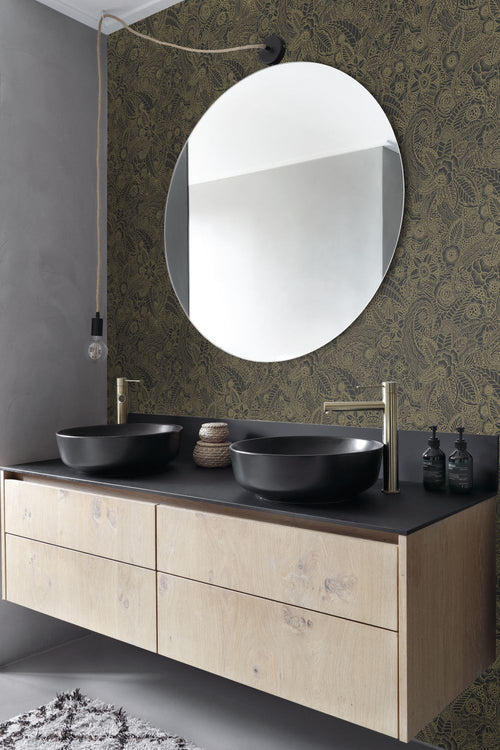 ESTAhome behang bloemtekeningen zwart en goud - 53 cm x 10.05 m - 139563