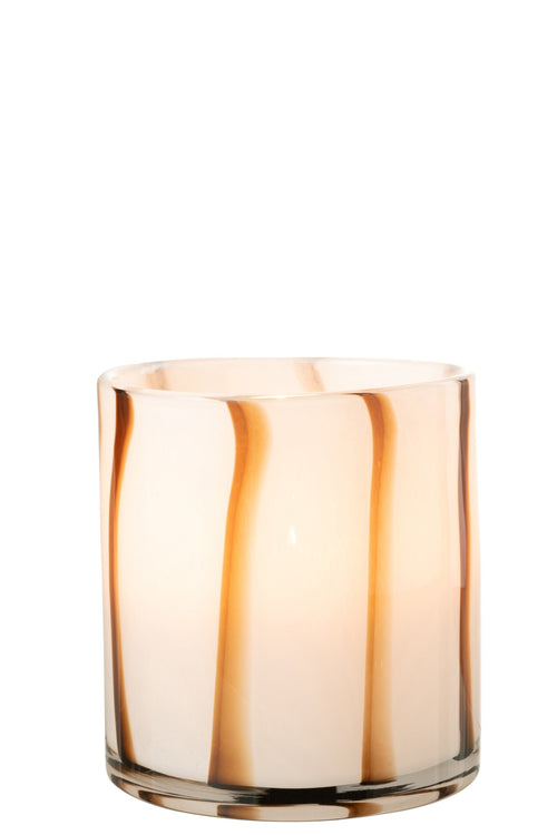J-Line windlicht Strepen Safari - glas - wit/bruin - medium