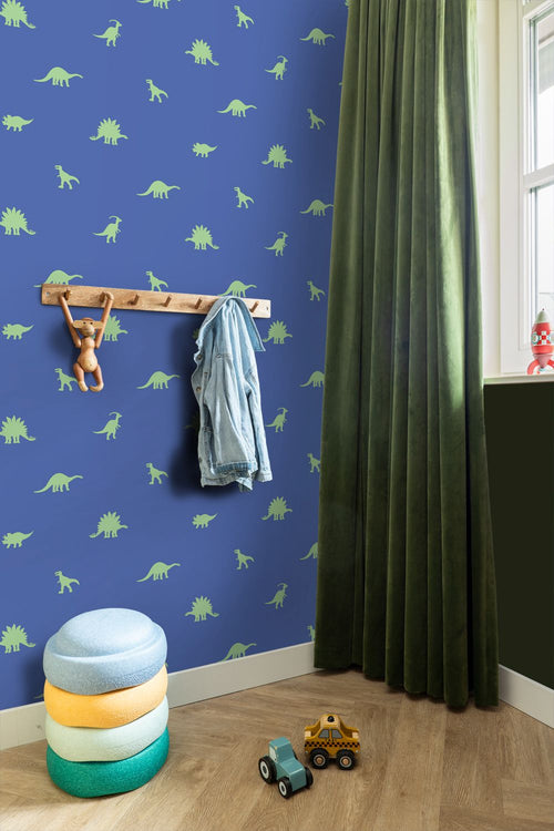 ESTAhome behang dinosaurussen blauw en groen - 50 x 900 cm - 131799