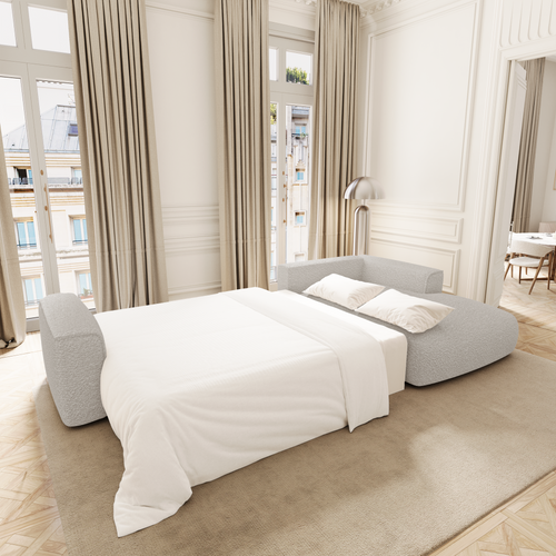 Premium Interiors - Rechthoekige hoekbank met slaapfunctie en opbergruimte COMO - bouclé-stof lichtgrijs 297cm