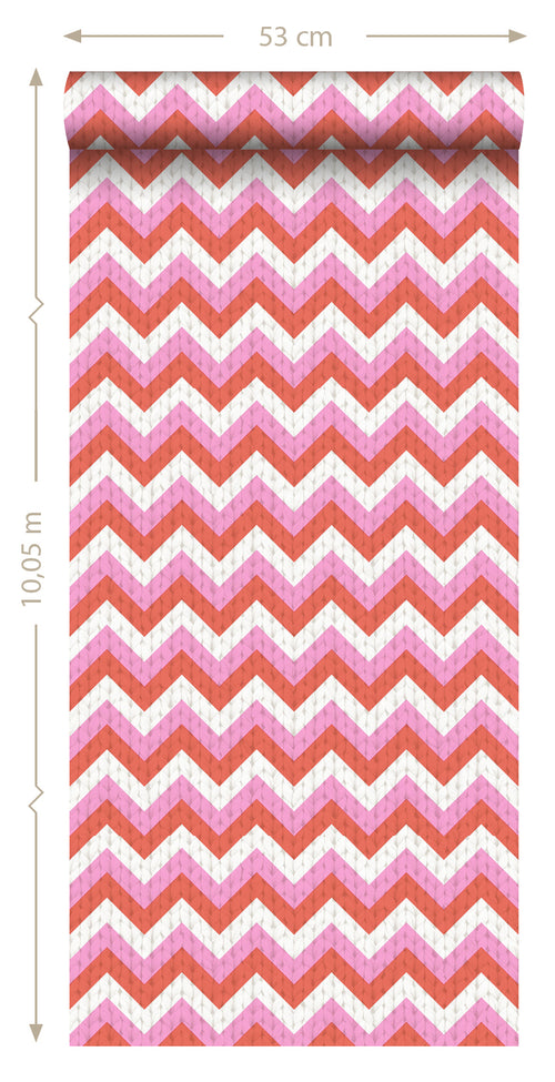ESTAhome behang zigzag motief koraalrood en roze - 53 cm x 10.05 m - 138135