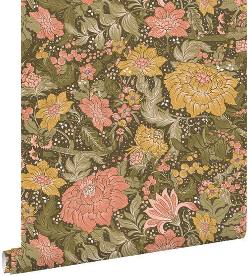 ESTAhome behang vintage bloemen vergrijsd olijfgroen, roze en okergeel - 50 x 900 cm - 131197