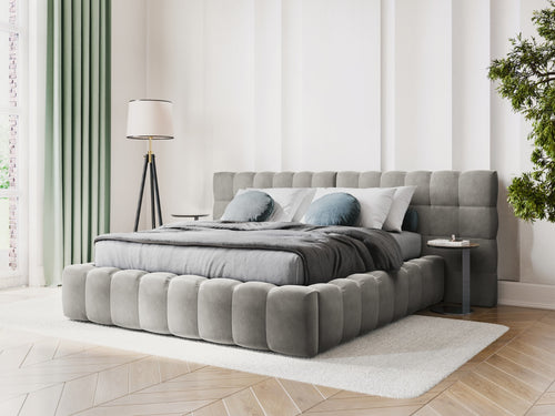Cosmopolitan Design Opbergbed met dubbel hoofdbord Bali 200x200cm, flueel, lichtgrijs - 230x350x100cm