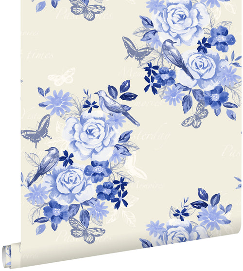 ESTAhome behang bloemen en vogels delfts blauw - 53 cm x 10,05 m - 138124 - vtwonen shop