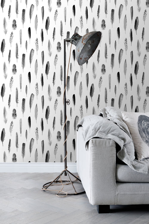 ESTAhome behang veren zwart en mat wit - 53 cm x 10.05 m - 138897
