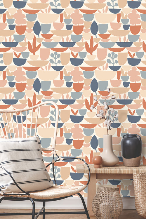 ESTAhome behang aardewerk en planten terracotta en blauw - 50 x 900 cm - 131073 - vtwonen shop