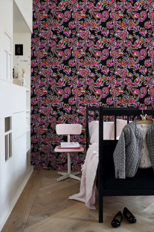 ESTAhome behang funky bloemen en paisleys zwart en rood - 53 cm x 10.05 m - 136842