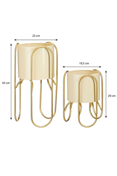 Mica Decorations Donau Bloempot op Standaard - Set van 2 - Metaal - H45 x Ø23 cm - Lichtgeel, Goud