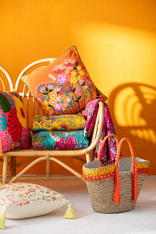 J-Line kussen Bloemen Geborduurd - katoen/polyester - oranje/roze - 2 stuks