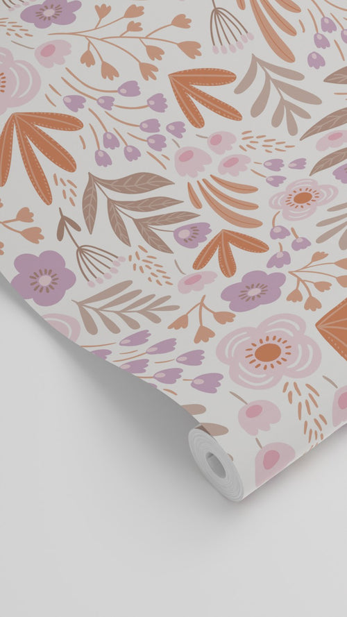 ESTAhome behang bloemetjes oranje en paars - 50 x 900 cm - 131067