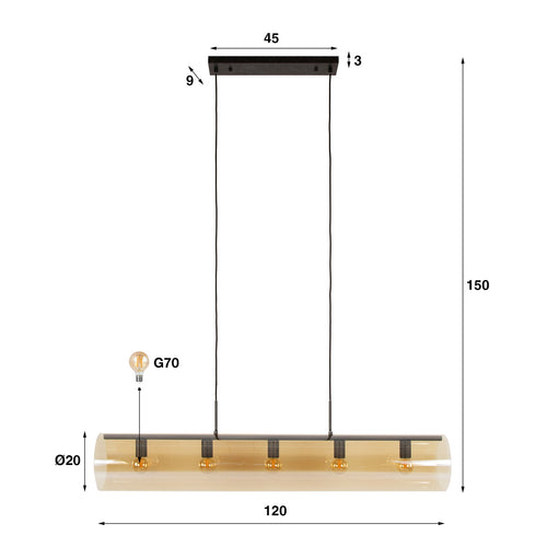 Giga Meubel Hanglamp Tube - Amber Glas - 5-Lichts - 120x20x150cm - vtwonen shop