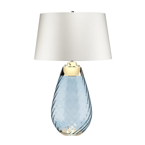 Elstead Lena 2 lichte grote blauwe tafellamp met gebroken witte kap, blauw getint glas, gebroken witte kap, E27