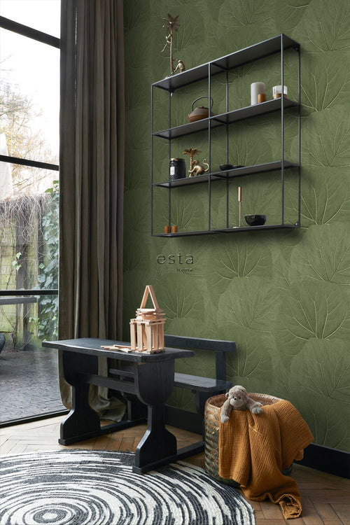 ESTAhome behang grote bladeren vergrijsd olijfgroen - 53 cm x 10.05 m - 138995