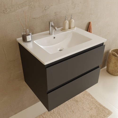 LOMAZOO badmeubelset Verona - met hoge kast & witte wastafel - mat zwart - 60 cm
